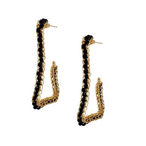 Black & Gold Trapeza Hoops Handmade Crochet Earrings