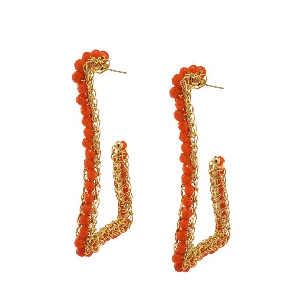 Summer Orange & Gold Trapeza Hoops Handmade Crochet Earrings