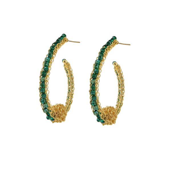 Emerald Green & Gold Ovaly Hoops Handmade Crochet Earrings