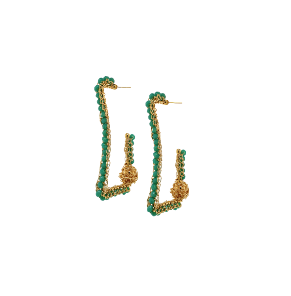 Turquoise & Gold Trapeza Dome Hoops Handmade Crochet Earrings